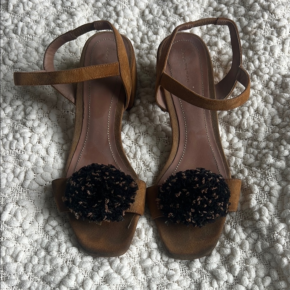 Zara Brown Suede Sandals with Black Pom-Pom